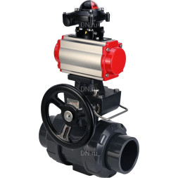 Кран шаровой BV4242E-FP-GRM-ISO Дн80 Ру10 полнопроходной, корпус - НПВХ, шар - НПВХ, уплотнение - EPDM, с пневмоприводом PA-DA-065, пневмораспределителем 4M310-08 AC220V, ручным дублером MON1-250-T26-ISO и БКВ APL-210N