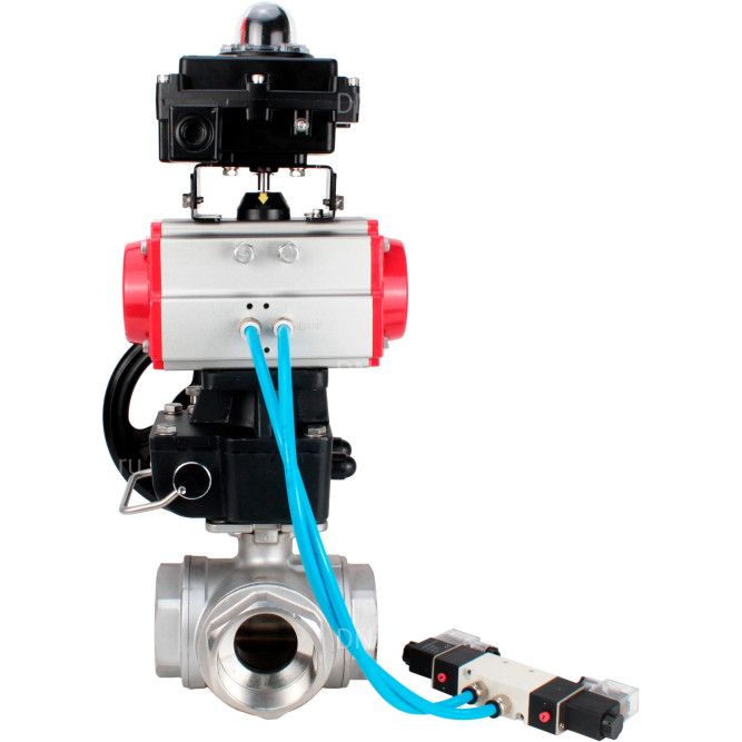 Кран шаровой BV3232P(4pc)-SP-3WL-T-ISO-H Ду32 Ру63, стандартнопроходной, нержавеющая сталь 316, PTFE, внутренняя резьба, с пневмоприводом PA-DA-052, пневмораспределителем 4V320-08 AC220V, БКВ APL-410N Ex, ручным дублером MON1-250-T26-ISO в Сургуте
