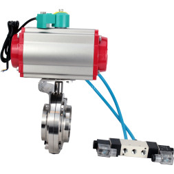 Затвор дисковый поворотный WBV3131S-2W-W-H Ду25 Ру10 под приварку, пищевая нержавеющая сталь 304, уплотнение - Silicon, с пневмоприводом PA-DA-052, пневмораспределителем 4V320-10 AC220V и магнитным переключателем ALS200D