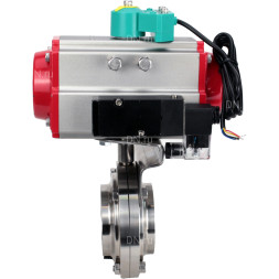 Затвор дисковый поворотный WBV3131S-2W-W-H Ду25 Ру10 под приварку, пищевая нержавеющая сталь 304, уплотнение - Silicon, с пневмоприводом PA-DA-052, пневмораспределителем 4V320-10 AC220V и магнитным переключателем ALS200D
