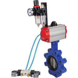 Затвор дисковый поворотный WBV1616E-2W-Fb-H Ду125 Ру16 LUG корпус - чугун QT450, диск - чугун QT450, уплотнение - EPDM, с пневмоприводом PA-SA-140, пневмораспределителем 4V320-08 AC220V и БПВ AFC2000