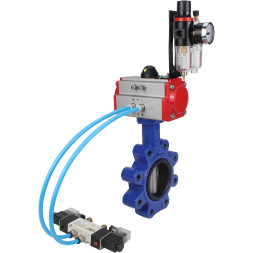 Затвор дисковый поворотный WBV1631E-2W-Fb-H Ду125 Ру16 LUG корпус - чугун QT450, диск - нержавеющая сталь 304, уплотнение - EPDM, с пневмоприводом PA-DA-105, пневмораспределителем 4V320-08 AC220V и БПВ AFC2000