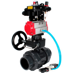 Кран шаровой BV4242E-FP-GRM-ISO Дн40 Ру10 полнопроходной, корпус - НПВХ, шар - НПВХ, уплотнение - EPDM, с пневмоприводом PA-DA-052, пневмораспределителем 4V320-10 AC220V, ручным дублером MON1-250-T26-ISO, БКВ APL-410N EX и БПВ AFC2000