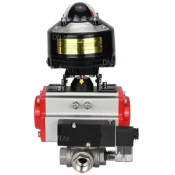 Кран шаровой BV3232P(4pc)-SP-3WL-T-ISO-H 2 1/2″ Ду65 Ру40 стандартнопроходной трехходовой L-тип, нержавеющая сталь SS316, внутренняя резьба, уплотнение - PTFE, с пн.приводом PA-SA-105 пн.распределителем 4M310-08 DC24V БКВ APL-510N-EX