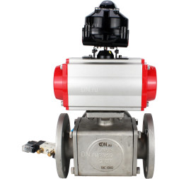 Кран шаровой BV3232P(4pc)-FP-3WL-F Ду20 Ру16 полнопроходной трехходовой, фланцевый, корпус - нержавеющая сталь SS316, с пневмоприводом PA-DA-052 двойного действия, пневмораспределителем 4V320-08 AC220V и БКВ APL-510N EX