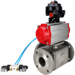 Кран шаровой BV3232P(4pc)-FP-3WL-F Ду20 Ру16 полнопроходной трехходовой, фланцевый, корпус - нержавеющая сталь SS316, с пневмоприводом PA-DA-052 двойного действия, пневмораспределителем 4V320-08 AC220V и БКВ APL-510N EX