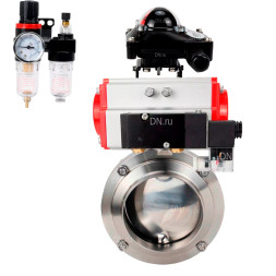 Затвор дисковый поворотный WBV3131S-2W-W-H Ду32 Ру10 под приварку, пищевая нержавеющая сталь 304, уплотнение – Silicon, с пневмоприводом PA-DA-052, пневмораспределителем 4M310-08 AC220V, БКВ APL-210N и БПВ AFC2000