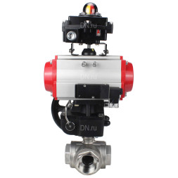 Кран шаровой BV3232P(4pc)-SP-3WL-T-ISO-H Ду80 Ру40 стандартнопроходной трехходовой L-тип, нержавеющая сталь SS316, внутренняя резьба, PTFE, пн.привод PA-DA-083, пн.распределитель 4M310-08 AC220V, БКВ APL-410N EX и ручной дублер MON2-450-T28-ISO