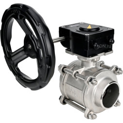Кран шаровой BV3232P(3pc)-FP-W-ISO-H Ду10 Ру63 полнопроходной двухходовой, нержавеющая сталь SS316, под приварку, уплотнение - PTFE, с ISO фланцем и редуктором HAM RQN1-180Z-T40