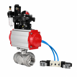 Кран шаровой BV3232P(4pc)-SP-3WL-T-ISO-H WDVF Ду32 Ру63 стандартнопроходной, 3-ходовой L-тип, внутренняя резьба, нержавеющая сталь AISI 316, PTFE, с пневмоприводом PA-DA-083, пневмораспределителем 4V320-10 AC220V, БКВ APL-210N и БПВ AFC2000