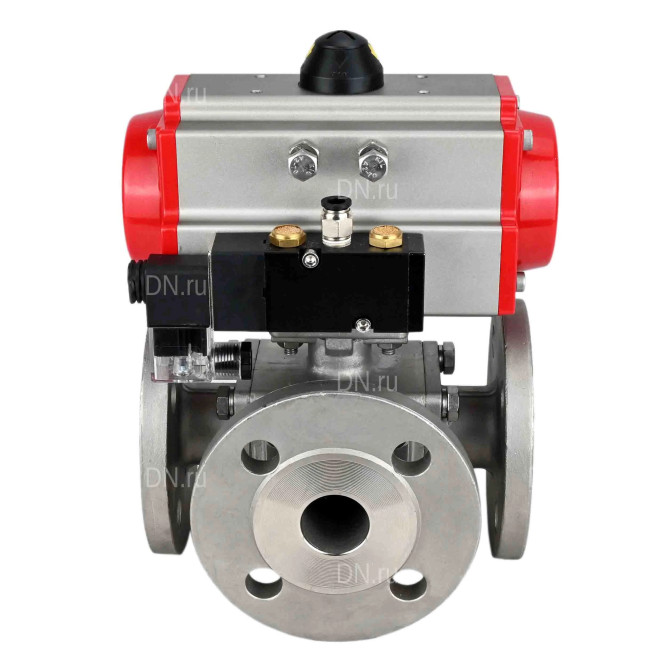 Кран шаровой BV3232P(4pc)-FP-3WL-F Ду15 Ру16 полнопроходной трехходовой, фланцевый, корпус - нержавеющая сталь SS316, с пневмоприводом PA-SA-052 с возвратными пружинами и пневмораспределителем 4M310-08 AC220V в Сургуте
