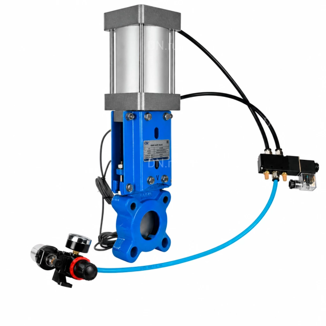 Задвижка шиберная GVKR1331M-1W-Fb-2P Ду300 Ру6 WENZ межфланцевая, шпиндель - выдвижной, корпус - чугун GGG40, шибер - нерж.сталь 304, уплотнение - металл, с пн.приводом, пн.распред 4V210-08 DC24V, индукц.датчиками LJ12A3-4-Z/EX 24В и БПВ AFC2000 в Сургуте
