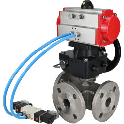 Кран шаровой BV3232P(4pc)-FP-3WL-F Ду40 Ру16 полнопроходной трехходовой, фланцевый, корпус - нержавеющая сталь SS316, с пневмоприводом PA-DA-065 двойного действия, пневмораспределителем 4V320-08 AC220V и ручным дублером MON1-250-T26-ISO