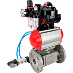 Кран шаровой BV3232P(4pc)-FP-3WL-F Ду20 Ру16 полнопроходной трехходовой, фланцевый, корпус - нержавеющая сталь SS316, с пневмоприводом PA-DA-052 двойного действия, пневмораспределителем 4V320-08 AC220V, БКВ APL-510N EX и БПВ AFC2000