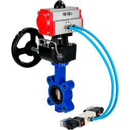 Затвор дисковый поворотный WBV1616E-2W-Fb-H Ду125 Ру16 LUG, корпус - чугун QT450, диск - чугун QT450, уплотнение - EPDM, с пневмоприводом PA-DA-105, пневмораспределителем 4M320-08 AC220V и ручным дублером MON3-700-T38-ISO