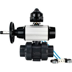 Кран шаровой BV4242E-FP-GRM-ISO Дн20 Ру10 полнопроходной, корпус - НПВХ, шар - НПВХ, уплотнение - EPDM, с пневмоприводом PA-DA-105-1, пневмораспределителем 4V320-08 AC220V и БКВ APL-510N EX