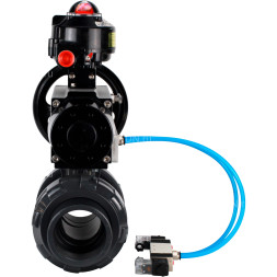 Кран шаровой BV4242E-FP-GRM-ISO Дн20 Ру10 полнопроходной, корпус - НПВХ, шар - НПВХ, уплотнение - EPDM, с пневмоприводом PA-DA-105-1, пневмораспределителем 4V320-08 AC220V и БКВ APL-510N EX