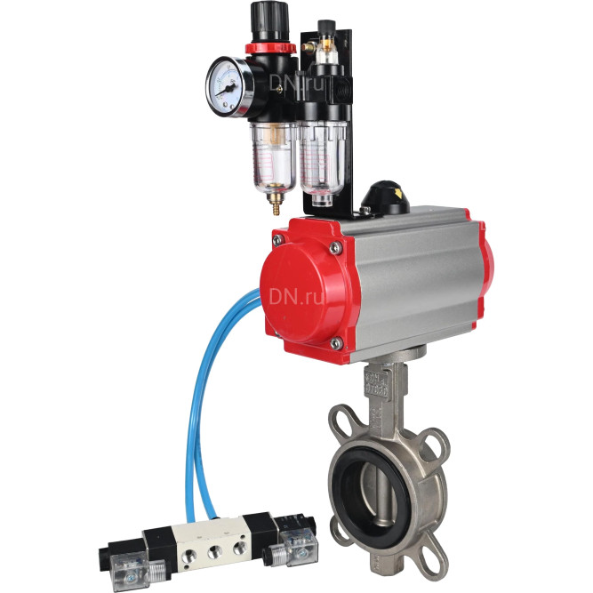 Затвор дисковый поворотный WBV3131N-2W-Fb-H Ду125 Ру16, корпус - нержавеющая сталь 304, диск - нержавеющая сталь 304, уплотнение - NBR, с пневмоприводом PA-DA-105, пневмораспределителем 4V320-10 AC220V и БПВ AFC2000 в Сургуте