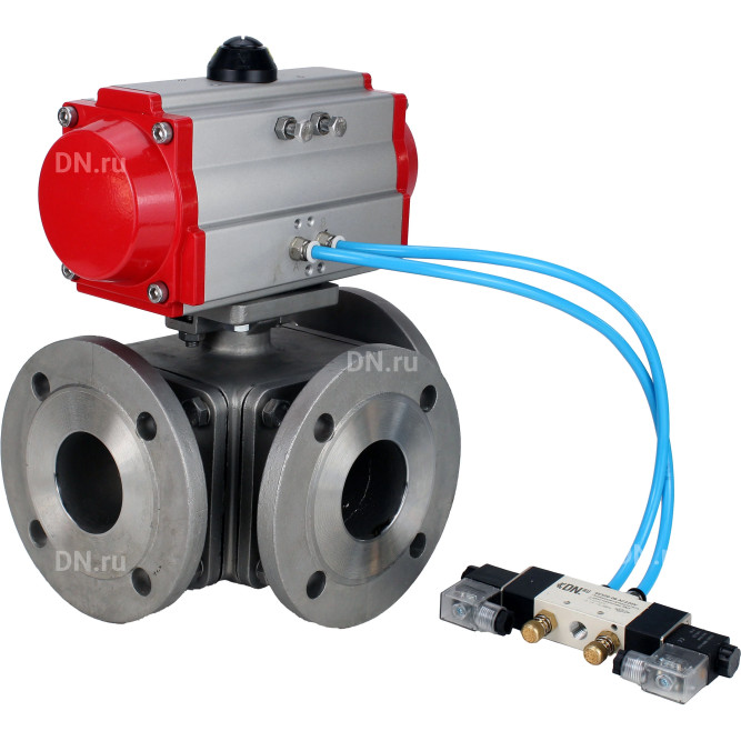 Кран шаровой BV3232P(4pc)-FP-3WL-F Ду25 Ру16 полнопроходной трехходовой, фланцевый, корпус - нержавеющая сталь SS316, с пневмоприводом PA-DA-052 двойного действия и пневмораспределителем 4V320-08 AC220V в Сургуте