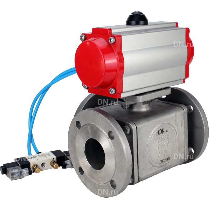 Кран шаровой BV3232P(4pc)-FP-3WL-F Ду25 Ру16 полнопроходной трехходовой, фланцевый, корпус - нержавеющая сталь SS316, с пневмоприводом PA-DA-052 двойного действия и пневмораспределителем 4V320-08 AC220V в Сургуте
