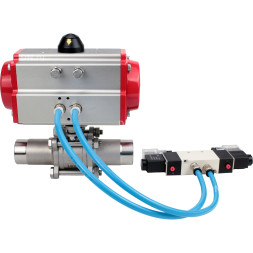 Кран шаровой BV3131P(3pc)-FP-W-ISO-H LONG Ду25 Ру63 полнопроходной, корпус - нержавеющая сталь 304, уплотнение - PTFE, под приварку, с пневмоприводом PA-DA-083 и пневмораспределителем 4V320-10 AC220V