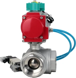 Кран шаровой BV3232P(4pc)-SP-3WL-T-ISO-H Ду32 Ру63 стандартнопроходной L-тип, внутренняя резьба, корпус - нержавеющая сталь 316, PTFE, с пневмоприводом PA-DA-052, пневмораспределителем 4V320-10 AC220V и магнитным переключателем ALS200D