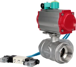 Кран шаровой BV3232P(4pc)-SP-3WL-T-ISO-H Ду32 Ру63 стандартнопроходной L-тип, внутренняя резьба, корпус - нержавеющая сталь 316, PTFE, с пневмоприводом PA-DA-052, пневмораспределителем 4V320-10 AC220V и магнитным переключателем ALS200D