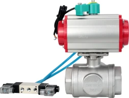 Кран шаровой BV3232P(4pc)-SP-3WL-T-ISO-H Ду32 Ру63 стандартнопроходной L-тип, внутренняя резьба, корпус - нержавеющая сталь 316, PTFE, с пневмоприводом PA-DA-052, пневмораспределителем 4V320-10 AC220V и магнитным переключателем ALS200D