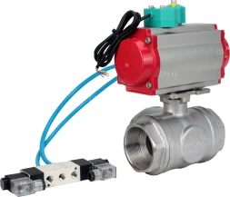 Кран шаровой BV3232P(4pc)-SP-3WL-T-ISO-H Ду32 Ру63 стандартнопроходной L-тип, внутренняя резьба, корпус - нержавеющая сталь 316, PTFE, с пневмоприводом PA-DA-052, пневмораспределителем 4V320-10 AC220V и магнитным переключателем ALS200D