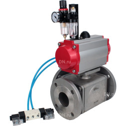 Кран шаровой BV3232P(4pc)-FP-3WL-F Ду40 Ру16 полнопроходной трехходовой, фланцевый, корпус - нержавеющая сталь SS316, с пневмоприводом PA-SA-105 с возвратными пружинами, пневмораспределителем 4V320-10 AC220V и БПВ AFC2000