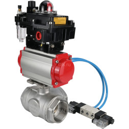 Кран шаровой BV3232P(4pc)-SP-3WL-T-ISO-H Ду80 Ру40, стандартнопроходной, четырехсоставной, нержавеющая сталь 316, PTFE, внутренняя резьба, с пневмоприводом PA-DA-083, пневмораспределителем 4V320-10 AC220V, БКВ APL-410N Ex, БПВ AFC2000