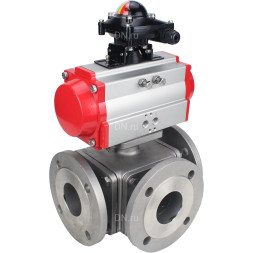 Кран шаровой BV3232P(4pc)-FP-3WL-F Ду15 Ру16 полнопроходной трехходовой, фланцевый, корпус - нержавеющая сталь SS316, с пневмоприводом PA-SA-052 с возвратными пружинами и БКВ APL-210N