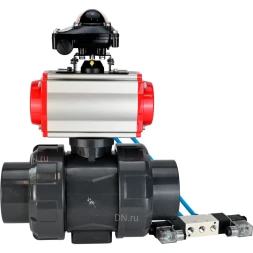 Кран шаровой BV4242E-FP-GRM-ISO Дн65 Ру10 полнопроходной, корпус - НПВХ, шар - НПВХ, уплотнение - EPDM, с пневмоприводом PA-SA-065, пневмораспределителем 4V320-10 AC220V и БКВ APL-210N