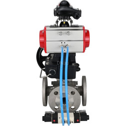Кран шаровой BV3232P(4pc)-FP-3WL-F Ду25 Ру16 полнопроходной трехходовой, фланцевый, корпус - нержав.сталь SS316, с пневмоприводом PA-DA-052, пневмораспределителем 4V320-10 AC220V, БКВ APL-210N и ручным дублером MON1-250-T26-ISO