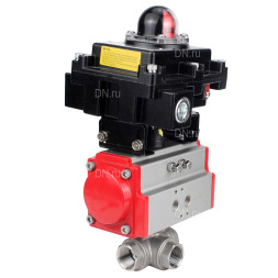 Кран шаровой BV3232P(4pc)-SP-3WL-T-ISO-H Ду20 Ру63 стандартнопроходной трехходовой L-тип, нержавеющая сталь SS316, внутренняя резьба, уплотнение - PTFE, с пневмоприводом PA-SA-52 и блоком концевых выключателей APL-410N EX
