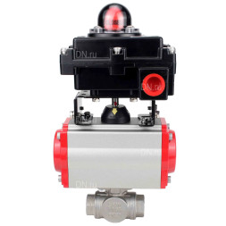 Кран шаровой BV3232P(4pc)-SP-3WL-T-ISO-H Ду20 Ру63 стандартнопроходной трехходовой L-тип, нержавеющая сталь SS316, внутренняя резьба, уплотнение - PTFE, с пневмоприводом PA-SA-52 и блоком концевых выключателей APL-410N EX