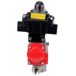 Кран шаровой BV3232P(4pc)-SP-3WL-T-ISO-H Ду25 Ру63 стандартнопроходной трехходовой L-тип, нержавеющая сталь SS316, внутренняя резьба, уплотнение - PTFE, с пневмоприводом PA-SA-52 и блоком концевых выключателей APL-410N EX