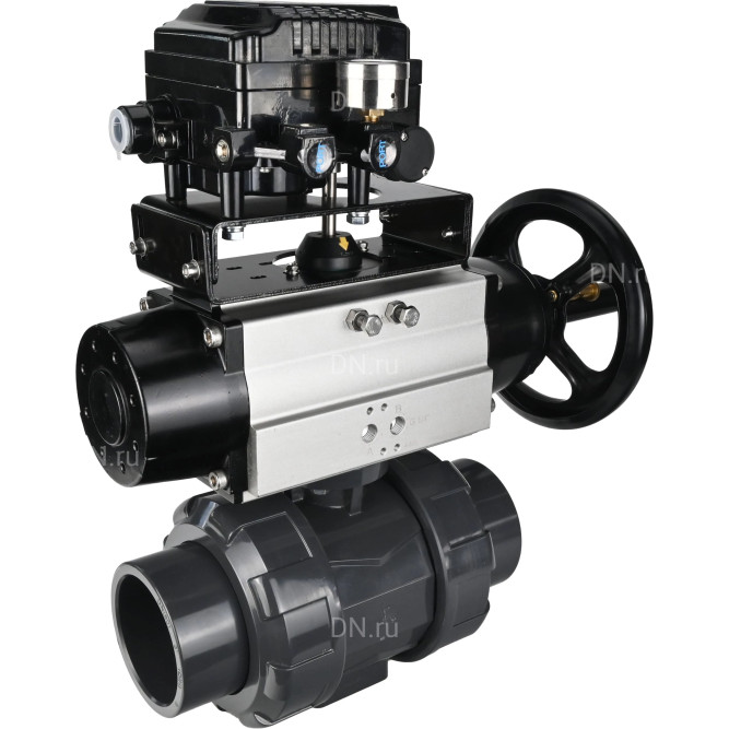 Кран шаровой BV4242E-FP-GRM-ISO Дн20 Ру10 полнопроходной, корпус - НПВХ, шар - НПВХ, уплотнение - EPDM, с пневмоприводом PA-DA-105-1 и пневмопозиционером YT-1000RSN без обратной связи в Сургуте
