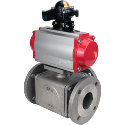 Кран шаровой BV3232P(4pc)-FP-3WL-F Ду25 Ру16 полнопроходной трехходовой, фланцевый, корпус - нержавеющая сталь SS316, с пневмоприводом PA-SA-083 с возвратными пружинами, пневмораспределителем 4V320-10 AC220V и БКВ APL-210N