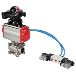 Кран шаровой BV3232P(3pc)-FP-W-ISO-H Ду10 Ру63, полнопроходной под приварку, нержавеющая сталь SS316, уплотнение - PTFE, с пневмоприводом PA-DA-052 двойного действия, с пневмораспределителем 4V320-08 AC220V, с БКВ APL-210N