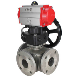 Кран шаровой BV3232P(4pc)-FP-3WL-F Ду25 Ру16 полнопроходной трехходовой, фланцевый, корпус - нержавеющая сталь SS316, с пневмоприводом PA-DA-052 двойного действия и ручным дублером MON1-250-T26-ISO