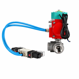 Кран шаровой BV3232P(4pc)-SP-3WT-T-ISO-H WDVF Ду25 Ру63 стандартнопроходной, 3-ходовой Т-тип, внутренняя резьба, нержавеющая сталь AISI 316, с пневмоприводом PA-DA-065, пневмораспределителем 4V320-08 AC220V и магнитным переключателем ALS200D