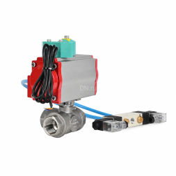 Кран шаровой BV3232P(4pc)-SP-3WT-T-ISO-H WDVF Ду25 Ру63 стандартнопроходной, 3-ходовой Т-тип, внутренняя резьба, нержавеющая сталь AISI 316, с пневмоприводом PA-DA-065, пневмораспределителем 4V320-08 AC220V и магнитным переключателем ALS200D