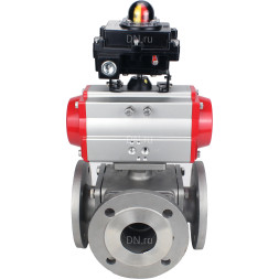 Кран шаровой BV3232P(4pc)-FP-3WL-F Ду20 Ру16 полнопроходной трехходовой, фланцевый, корпус - нержавеющая сталь SS316, с пневмоприводом PA-SA-065 с возвратными пружинами и БКВ APL-410N EX