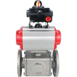 Кран шаровой BV3232P(4pc)-FP-3WL-F Ду20 Ру16 полнопроходной трехходовой, фланцевый, корпус - нержавеющая сталь SS316, с пневмоприводом PA-SA-065 с возвратными пружинами и БКВ APL-410N EX