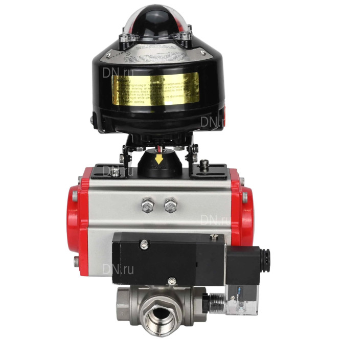 Кран шаровой BV3232P(4pc)-SP-3WL-T-ISO-H 2 1/2″ Ду65 Ру40 стандартнопроходной трехходовой L-тип, нержавеющая сталь SS316, внутренняя резьба, уплотнение - PTFE, с пн.приводом PA-DA-083 пн.распределителем 4M310-08 DC24V и БКВ APL-510N-EX в Сургуте