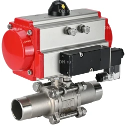 Кран шаровой BV3131P(3pc)-FP-W-ISO-H LONG Ду25 Ру63 полнопроходной, корпус - нержавеющая сталь 304, уплотнение - PTFE, под приварку, с пневмоприводом PA-SA-105 и пневмораспределителем 4M310-08 AC220V