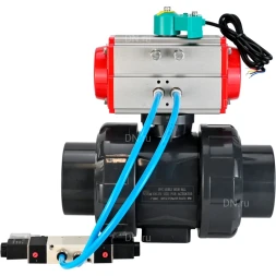 Кран шаровой BV4242E-FP-GRM-ISO Дн80 Ру10 полнопроходной, корпус - НПВХ, шар - НПВХ, уплотнение - EPDM, с пневмоприводом PA-SA-065, пневмораспределителем 4V320-08 AC220V и магнитным переключателем ALS200D