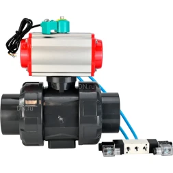 Кран шаровой BV4242E-FP-GRM-ISO Дн80 Ру10 полнопроходной, корпус - НПВХ, шар - НПВХ, уплотнение - EPDM, с пневмоприводом PA-SA-065, пневмораспределителем 4V320-08 AC220V и магнитным переключателем ALS200D