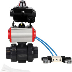 Кран шаровой BV4242E-FP-GRM-ISO Дн20 Ру10 полнопроходной, корпус - НПВХ, шар - НПВХ, уплотнение - EPDM, с пневмоприводом PA-SA-052, пневмораспределителем 4V320-08 AC220V и БКВ APL-410N EX